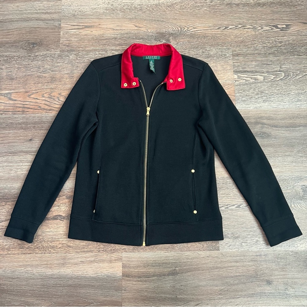 ❄️ Lauren Ralph Lauren Black Zip Up Jacket Red Collar Size Medium